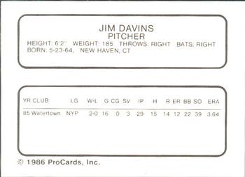 1986 ProCards Macon Pirates #7 Jim Davins Back
