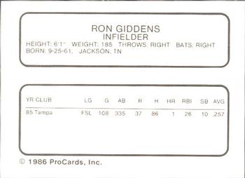 1986 ProCards Macon Pirates #10 Ron Giddens Back
