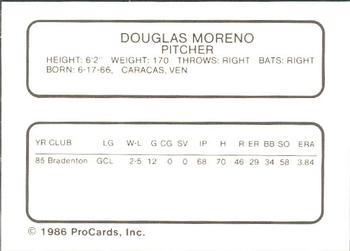1986 ProCards Macon Pirates #16 Douglas Moreno Back
