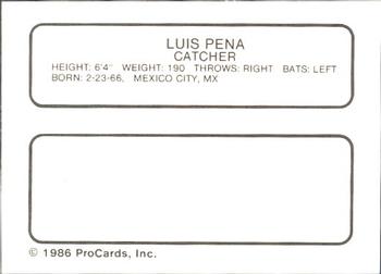 1986 ProCards Macon Pirates #18 Luis Pena Back