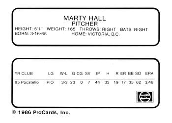 1986 ProCards Madison Muskies #10 Marty Hall Back