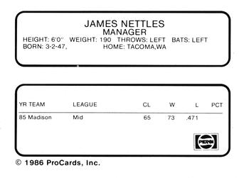 1986 ProCards Madison Muskies #15 Jim Nettles Back
