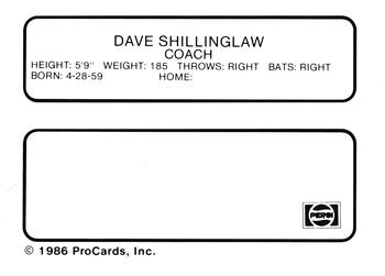 1986 ProCards Madison Muskies #22 Dave Shillinglaw Back