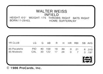 1986 ProCards Madison Muskies #26 Walt Weiss Back