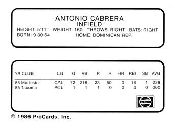 1986 ProCards Madison Muskies #4 Antonio Cabrera Back
