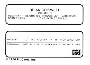 1986 ProCards Madison Muskies #6 Brian Criswell Back