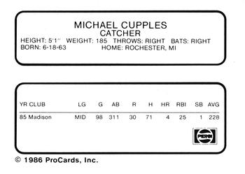 1986 ProCards Madison Muskies #7 Michael Cupples Back