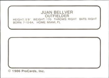 1986 ProCards Miami Marlins #2 Juan Bellver Back