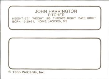 1986 ProCards Miami Marlins #8 John Harrington Back