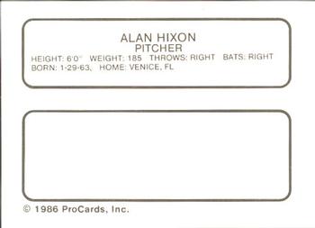 1986 ProCards Miami Marlins #11 Alan Hixon Back