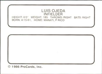 1986 ProCards Miami Marlins #19 Luis Ojeda Back