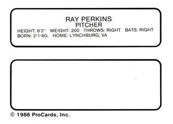 1986 ProCards Miami Marlins #20 Ray Perkins Back