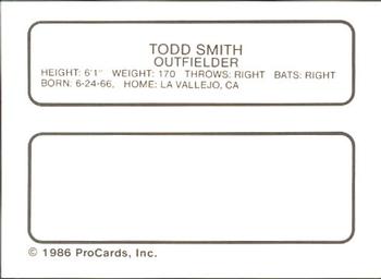 1986 ProCards Miami Marlins #23 Todd Smith Back