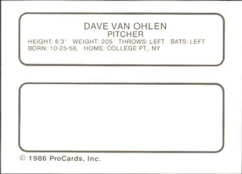 1986 ProCards Miami Marlins #25 Dave Van Ohlen Back