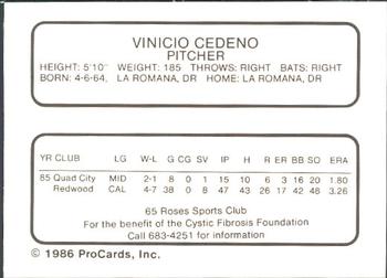 1986 ProCards Midland Angels #NNO Vinicio Cedeno Back