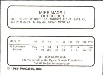1986 ProCards Midland Angels #NNO Mike Madril Back