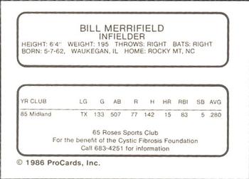 1986 ProCards Midland Angels #NNO Bill Merrifield Back