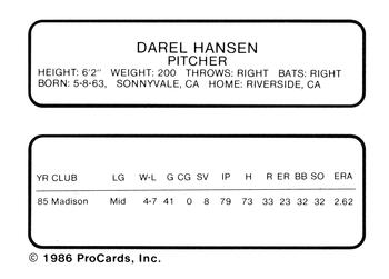 1986 ProCards Modesto A's #NNO Darel Hansen Back