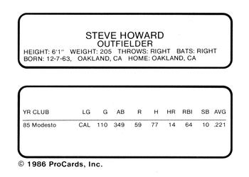 1986 ProCards Modesto A's #NNO Steve Howard Back