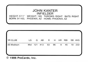 1986 ProCards Modesto A's #NNO John Kanter Back