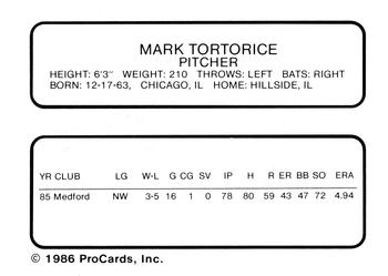 1986 ProCards Modesto A's #NNO Mark Tortorice Back