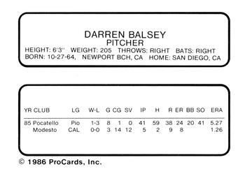 1986 ProCards Modesto A's #NNO Darren Balsley Back