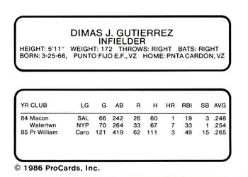 1986 ProCards Nashua Pirates #10 Dimas Gutierrez Back