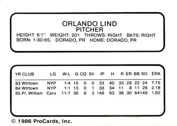 1986 ProCards Nashua Pirates #17 Orlando Lind Back