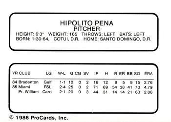 1986 ProCards Nashua Pirates #21 Hipolito Pena Back
