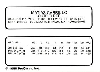 1986 ProCards Nashua Pirates #5 Matias Carrillo Back