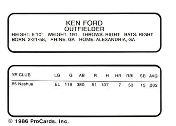 1986 ProCards Nashua Pirates #7 Ken Ford Back