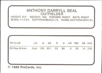 1986 ProCards New Britain Red Sox #NNO Tony Beal Back