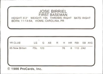 1986 ProCards New Britain Red Sox #NNO Jose Birriel Back