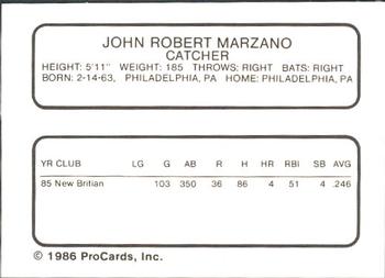 1986 ProCards New Britain Red Sox #NNO John Marzano Back