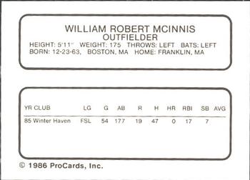 1986 ProCards New Britain Red Sox #NNO Bill McInnis Back