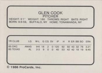 1986 ProCards Oklahoma City 89ers #4 Glen Cook Back