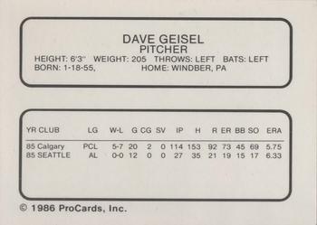 1986 ProCards Oklahoma City 89ers #6 Dave Geisel Back