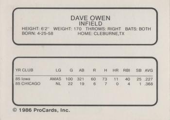 1986 ProCards Oklahoma City 89ers #16 Dave Owen Back