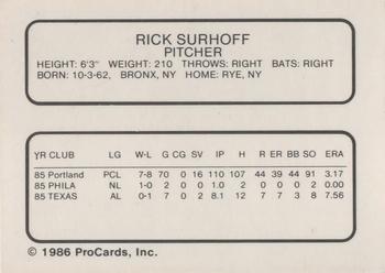 1986 ProCards Oklahoma City 89ers #22 Rick Surhoff Back