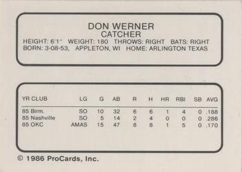 1986 ProCards Oklahoma City 89ers #25 Don Werner Back