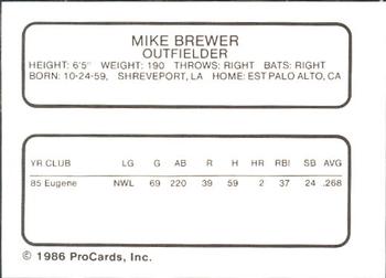1986 ProCards Omaha Royals #NNO Mike Brewer Back