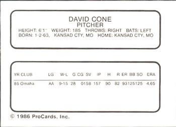 1986 ProCards Omaha Royals #NNO David Cone Back