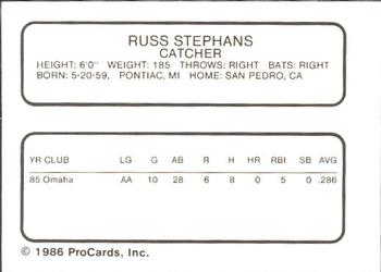1986 ProCards Omaha Royals #NNO Russ Stephans Back
