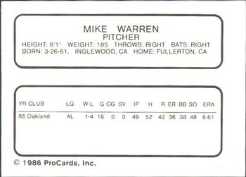 1986 ProCards Omaha Royals #NNO Mike Warren Back