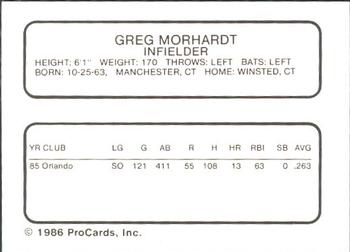 1986 ProCards Orlando Twins #13 Greg Morhardt Back