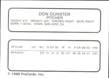 1986 ProCards Osceola Astros #NNO Don Dunster Back