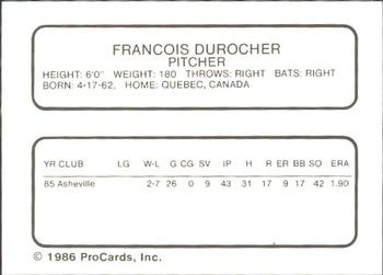 1986 ProCards Osceola Astros #NNO Francois Durocher Back