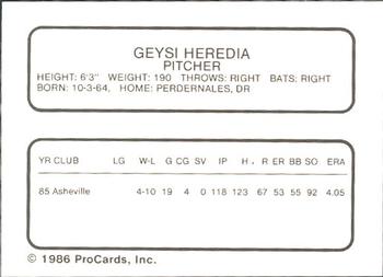 1986 ProCards Osceola Astros #NNO Geysi Heredia Back