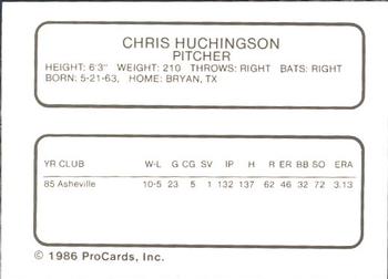 1986 ProCards Osceola Astros #NNO Chris Huchingson Back