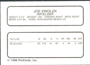1986 ProCards Osceola Astros #NNO Joe Kwolek Back